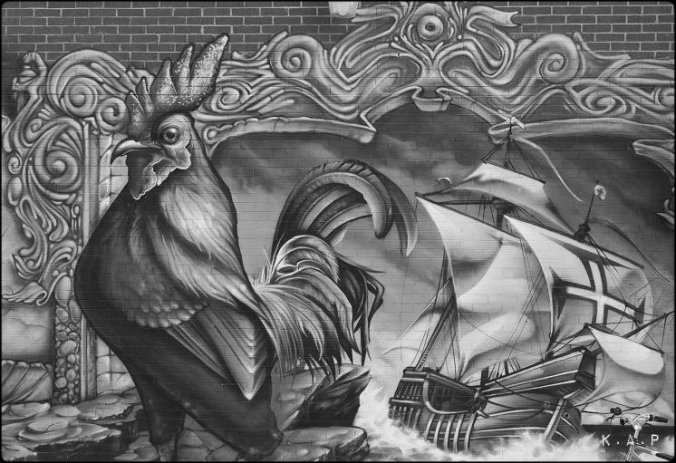 mural. rooster. ship, street art